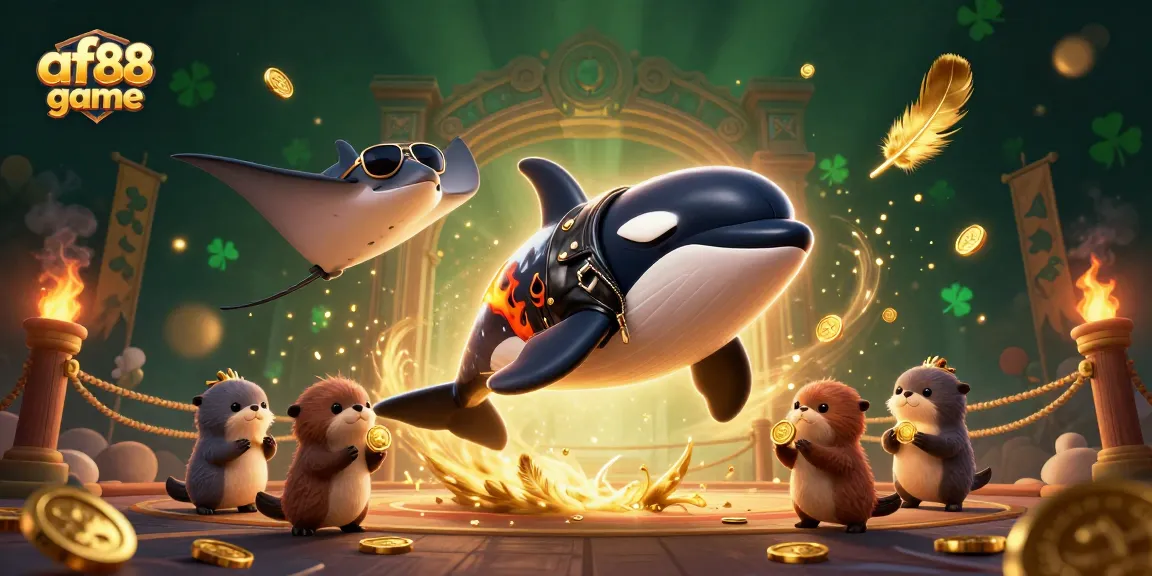Engage with the exciting af88 game featuring an orca in a biker jacket and sea otters with coins.