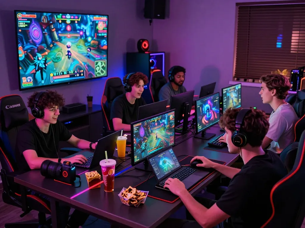 Players immersed in hypno porn-themed mind-control games in a vibrant gaming room.