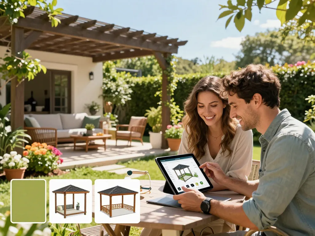 Couple using a pergola configurator in a sunlit garden to design their custom outdoor space.