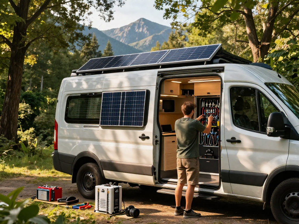 ROKOK88 rtp van conversion scene with builder adjusting solar panel and electrical system in a forest.