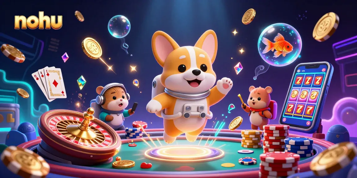 Nohu space casino illustration with playful characters and vibrant gambling elements
