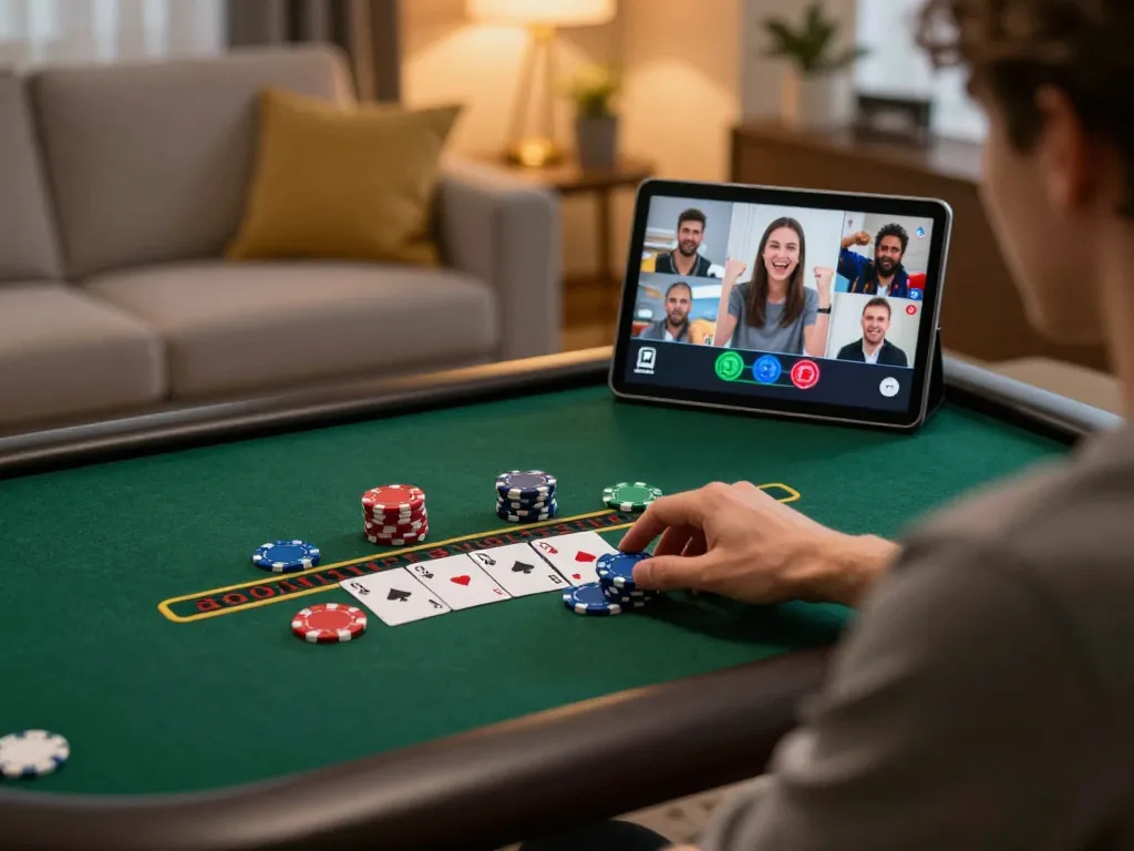 Engaged player enjoying JJun88 online blackjack game on a tablet in a cozy home setting.
