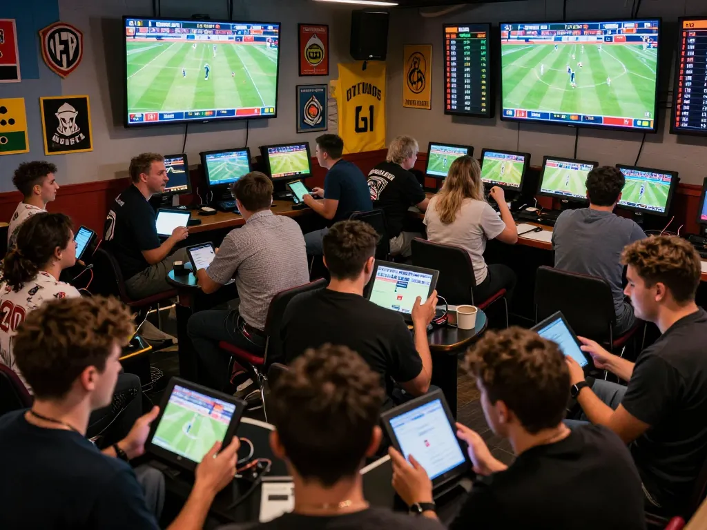 Engaging sports betting scene highlighting tin soi kèo strategies with bettors actively placing wagers