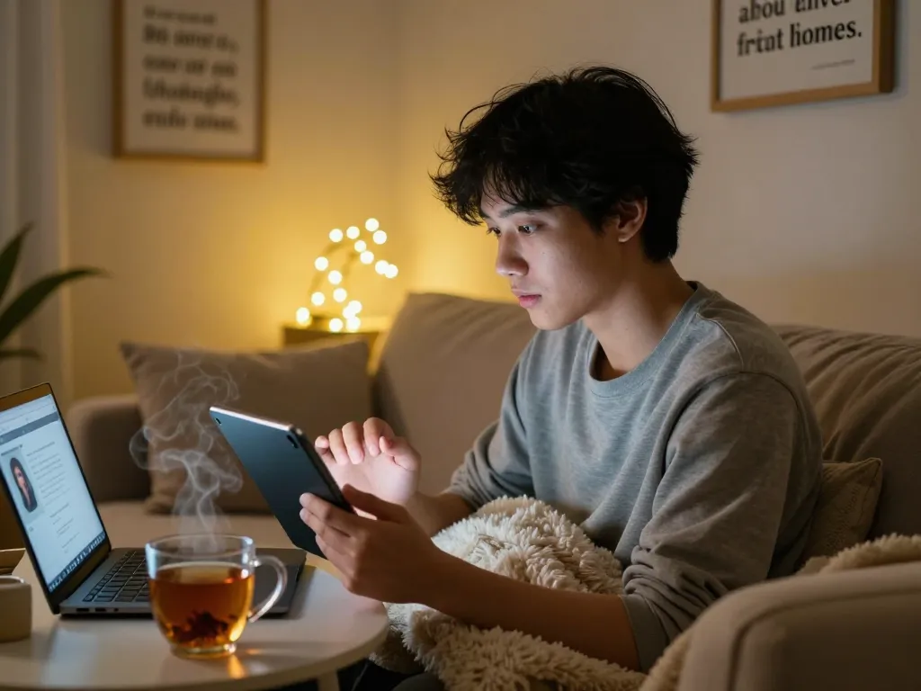 Youthful individual enjoying an interactive sex AI chat in a cozy room