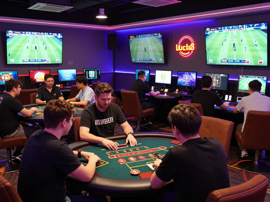 Players engaging in thrilling betting activities at Luck8's online gaming platform, with dynamic lighting and multiple screens showcasing live sports and games.