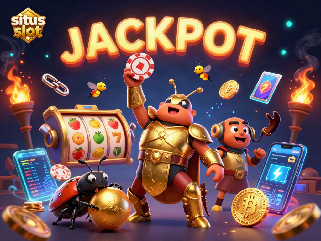 Engage in exciting situs slot gameplay with iconic fruit symbols and cryptocurrency elements, featuring a victorious beetle