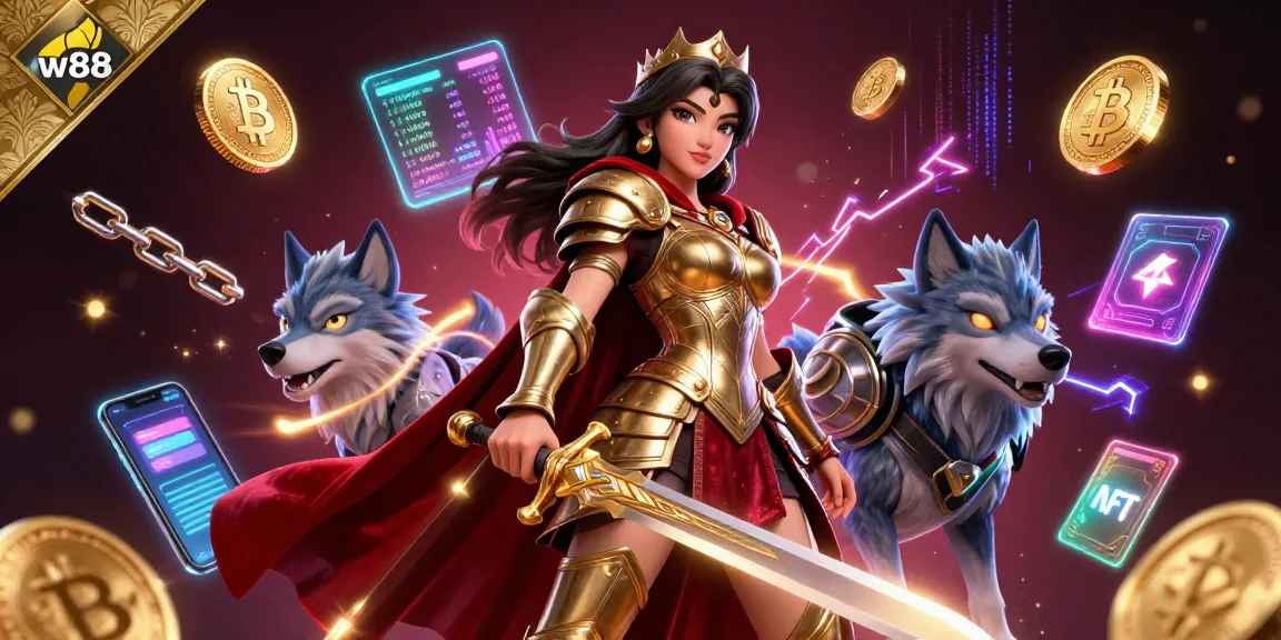 Experience the thrill of w88 with vibrant casino action featuring a warrior queen and crypto elements!