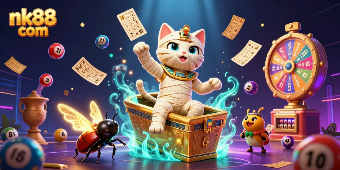 Engage with nk88 com in a vibrant 3D casino scene featuring dynamic gaming elements and an Egyptian theme.
