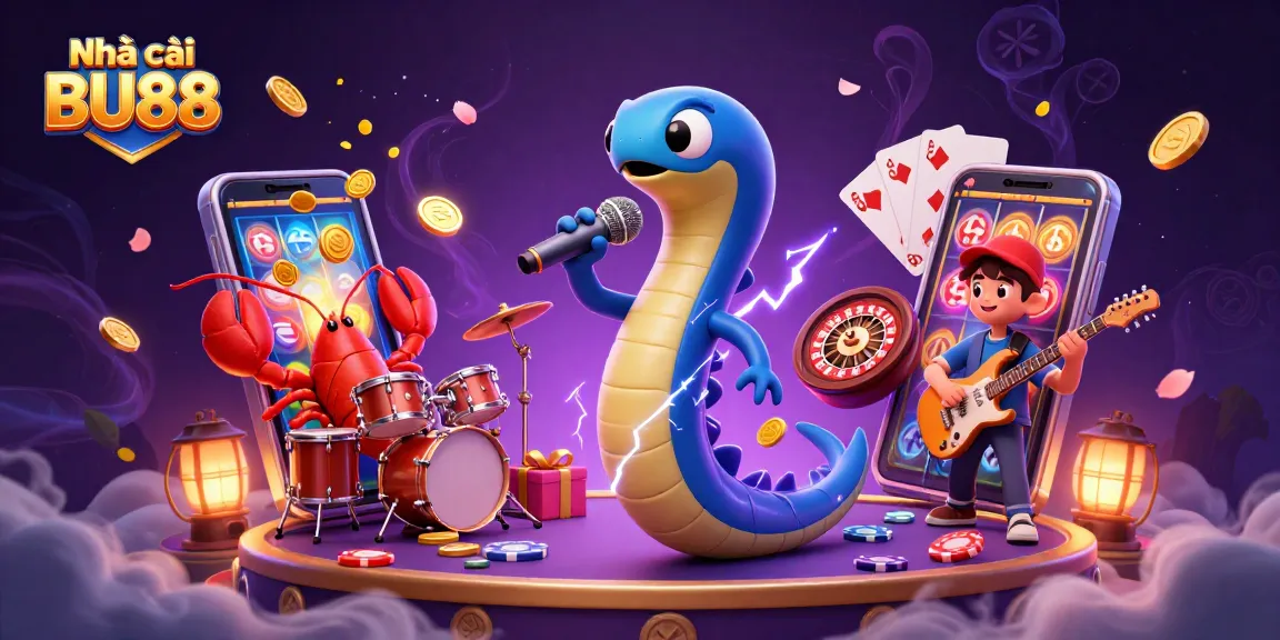 Experience the lively atmosphere of Nhà cái BU88 with a flashy eel DJ and vibrant casino elements.