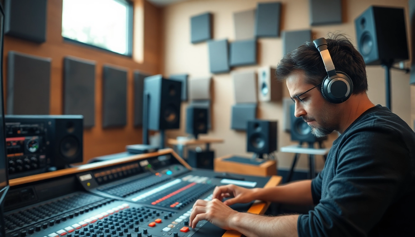 Engaging in online audio mastering, an audio engineer adjusts high-end equipment in a professional studio.