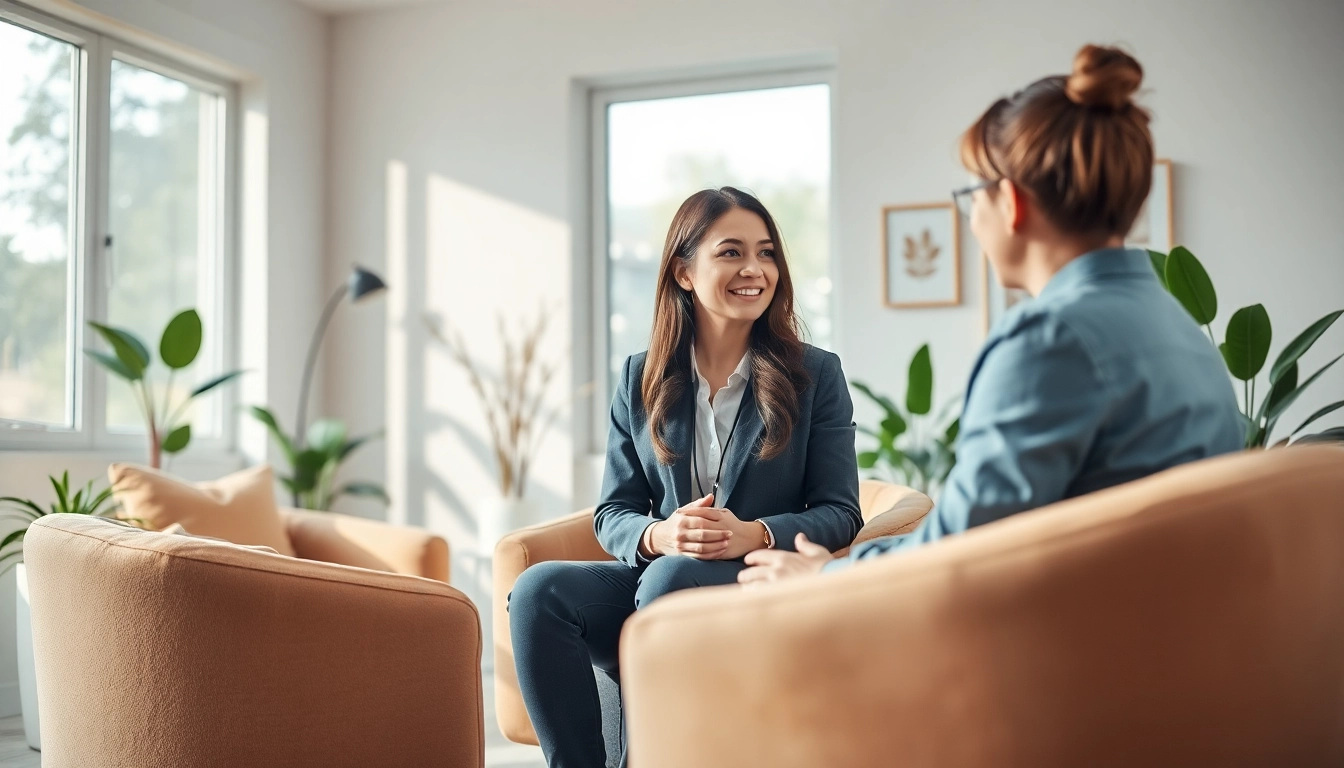 Therapist engaging with a client to alleviate stress and anxiety in a serene office.