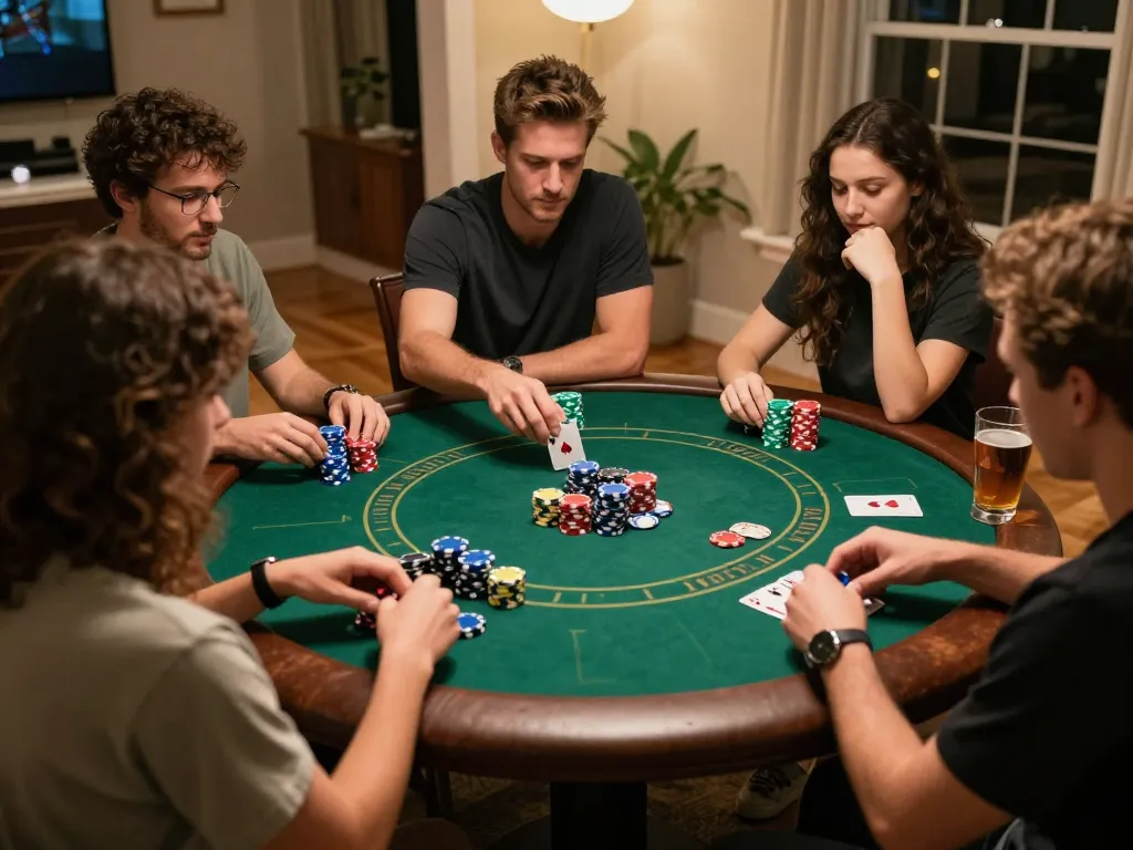 Play poker with friends during a cozy night, featuring an intense Texas Hold'em game at home with 88 aa.