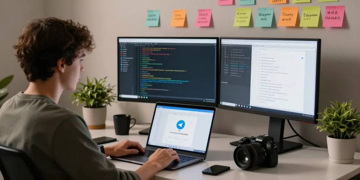 Custom Telegram Chinese setup in a modern workspace showcasing coding and app interface.