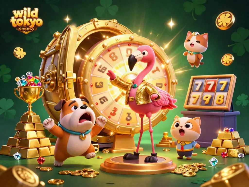 Experience the excitement of wild tokyo casino with animated characters celebrating wins amid gold treasures and slot reels.