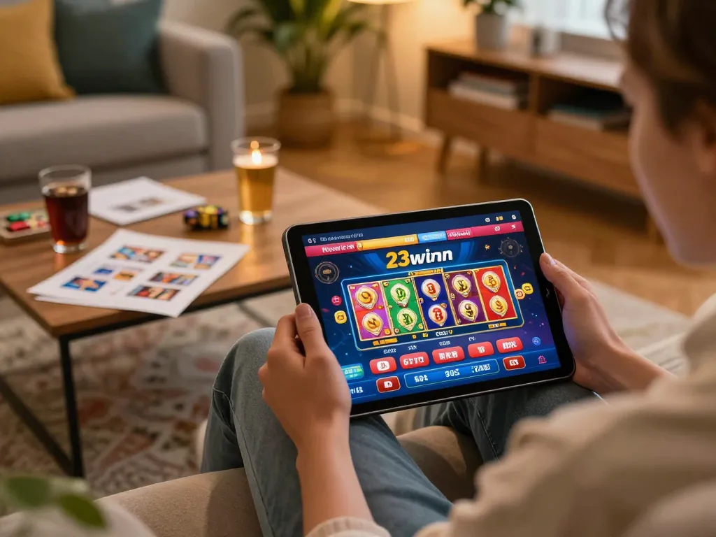 Engaging gameplay on 23win com as a user plays slots on their tablet.