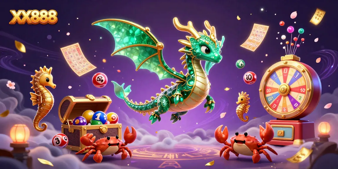 Experience the exciting world of XX888 with vibrant lottery elements and a fantasy dragon scene.