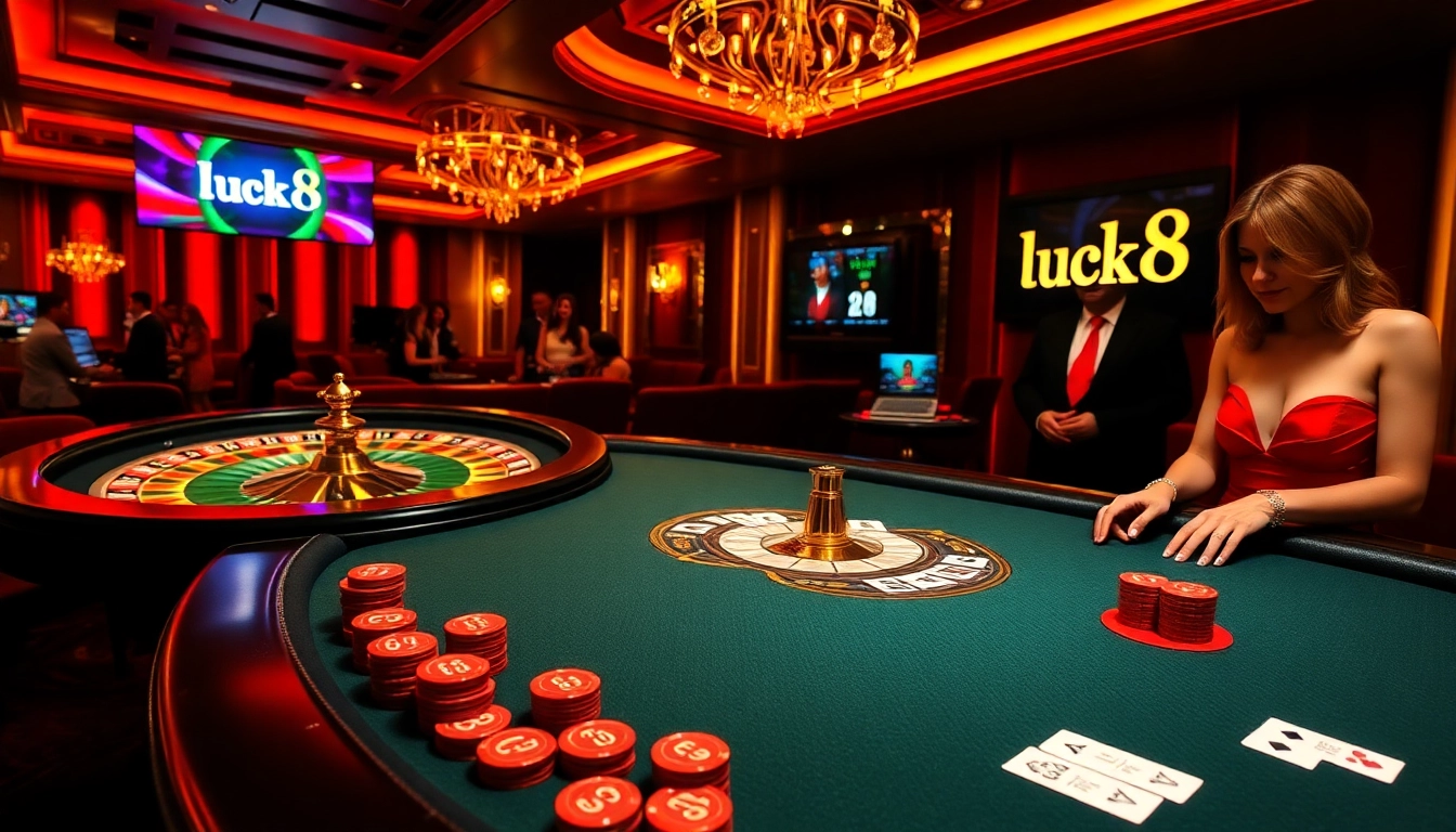 Lucky8 casino scene showcasing dynamic poker play and vibrant roulette table in an upscale atmosphere.