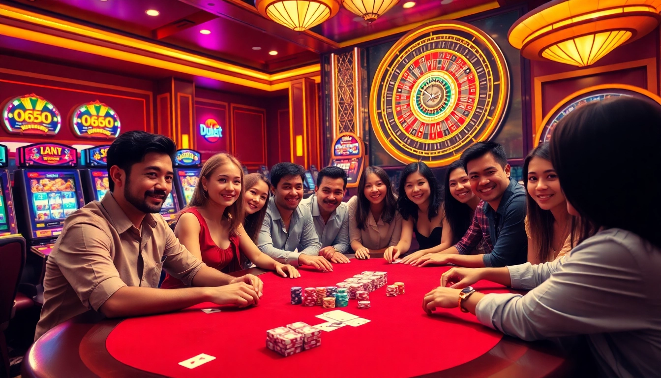 Players enjoying a thrilling poker game at Luckywin's luxurious casino.