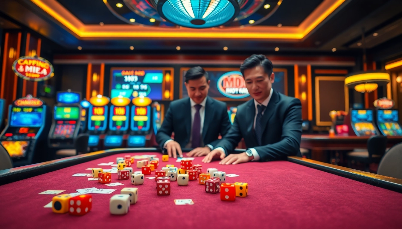 Tài xỉu md5 gameplay with vibrant dice action and professional atmosphere in a high-stakes casino.